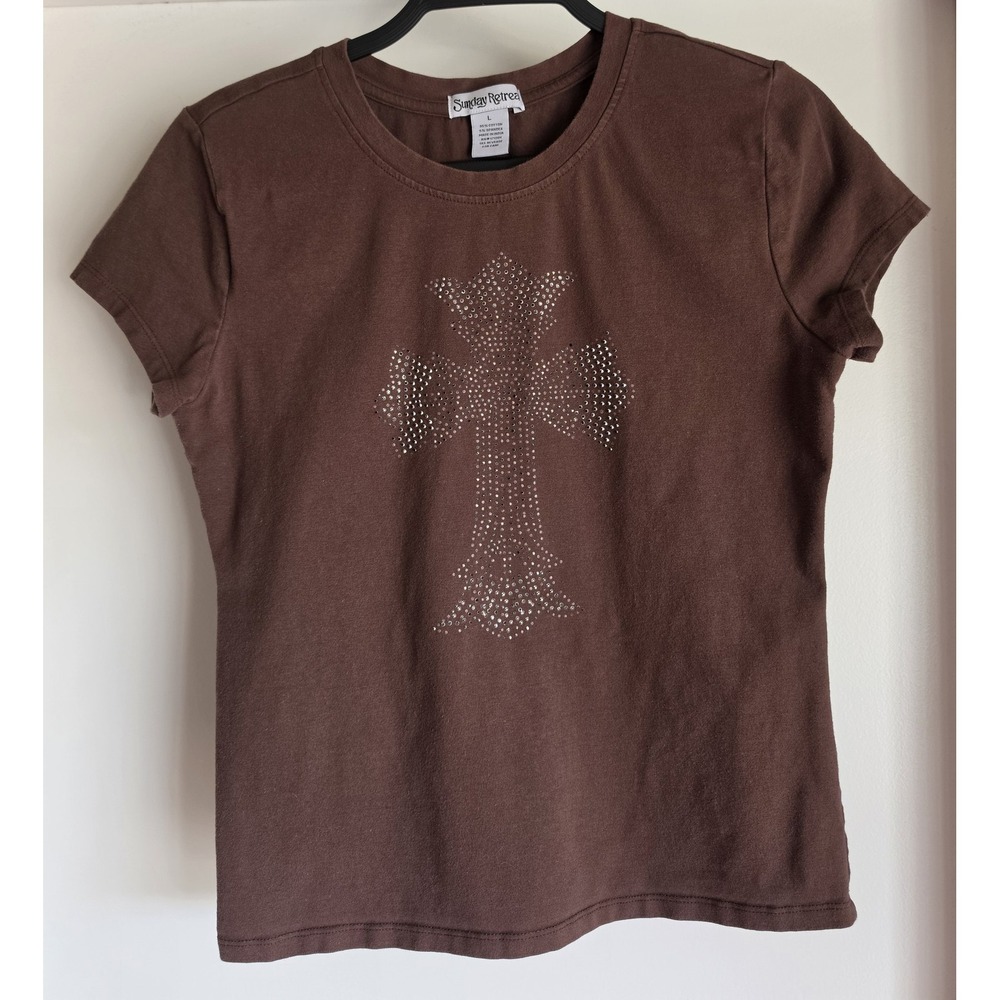 Sunday Retreat Women T-Shirt L Brown Short Sleeve Round Neck Y2K VTG Cotton